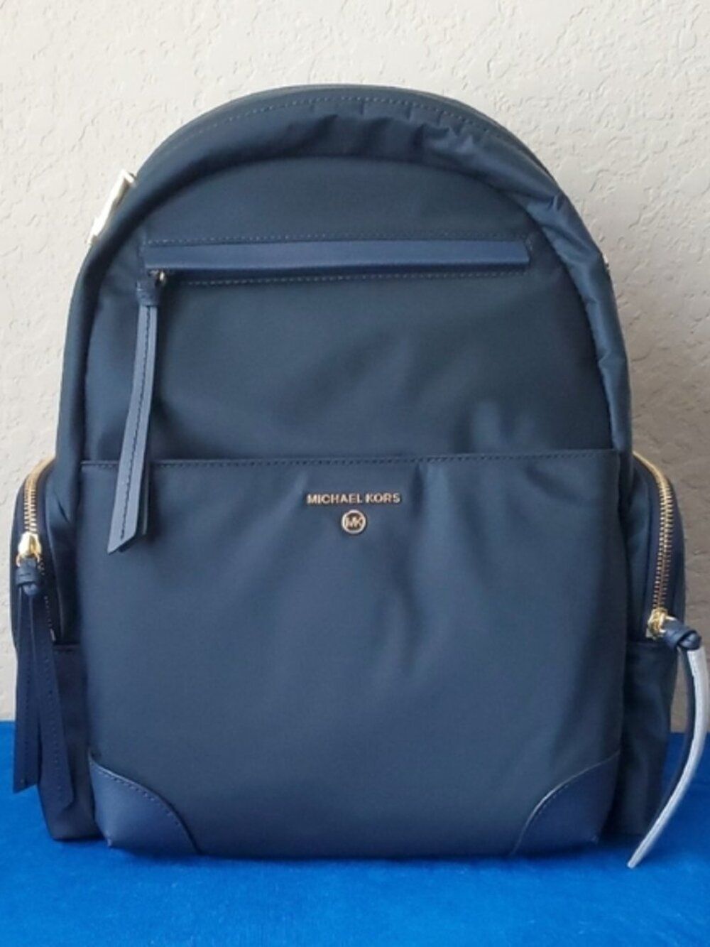 NWT Michael Kors Prescott Large Backpack Navy Blue Nylon Gold Zipper Unisex